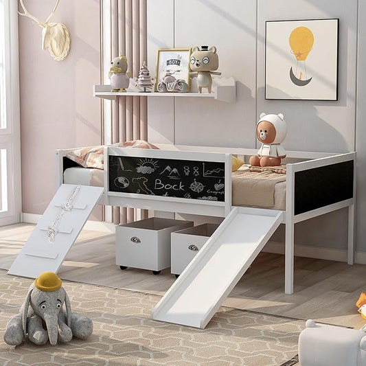 Play Fun Design Twin Size Loft Bed with Slide and Rope Climbing Ladder for Kids Boys Girls, Solid Wood Loft Bed Frame with 2 Storage Boxes and Double-sided Chalkboard, Sturdy Slat Support (White-2)