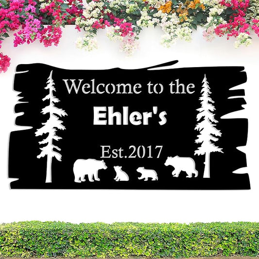 Custom Bear Metal Wall Sign, Personalized Cabin Sign, Bear Family In Woods Cabin Sign, Custom Family Name Bear Decor, Outdoor Metal Sign, Ranch Sign, Man Cave Decor