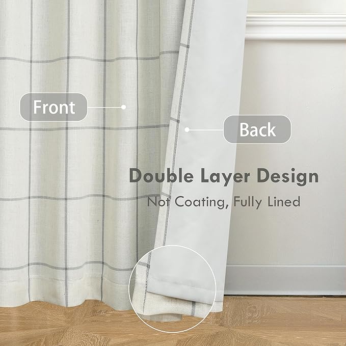 DriftAway 2 Panels 100% Blackout Windowpane Plaid Linen Curtains Double Layer Drapes for Bedroom 84 Inches Long Farmhouse Thermal Insulated 3.25 Inch Rod Pocket Back Tab for Living Room Gray