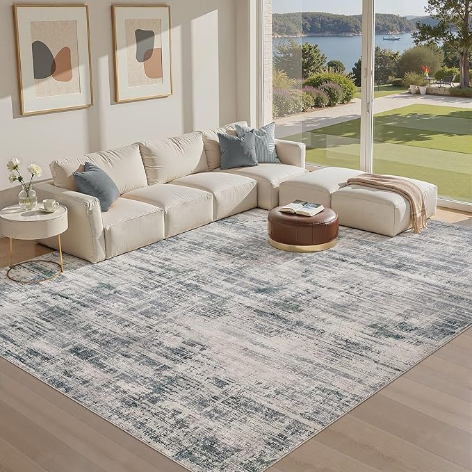 Area Rug for Living Room: 7x9 Washable Neutral Abstract Modern Soft Rugs Non Slip Indoor Floor Stain Resistant Large Carpet for Bedroom Dining Room Office Nursery - Gray