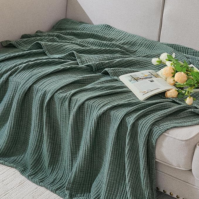 EMME Cotton Muslin King Blanket Breathable Gauze Soft Lightweight Blankets Adults Gifts for Women (Heather Forest Green, 108"x90")