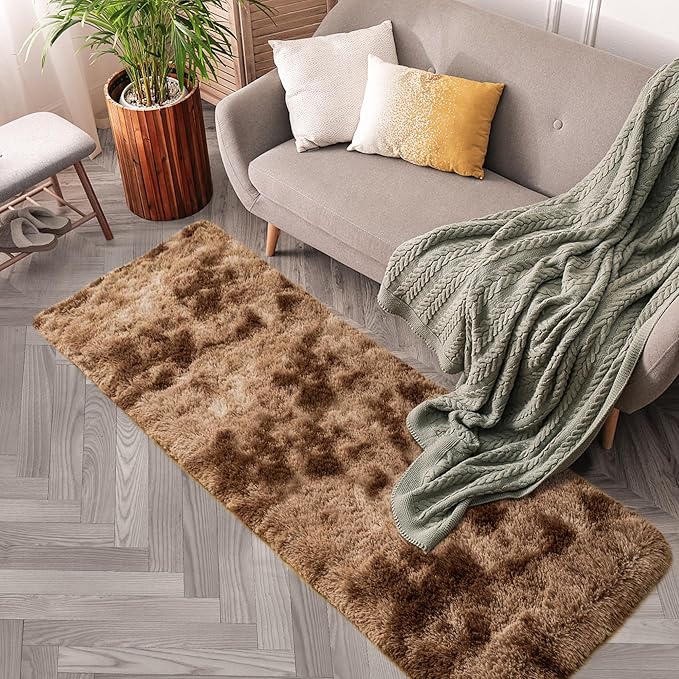 2x6 ft Soft Brown Runner Rugs for Bedroom Living Room Plush Fluffy Rug Shag Rug Carpet Non Slip Washable for Nursery Dorm Fuzzy Bedside Rug Runner for Kids Girls Room Home Decor