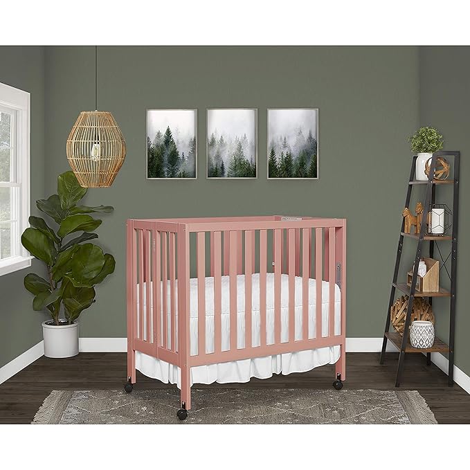 Dream On Me Jett Mini Folding Baby Crib in Dusty Pink, GreenGuard Gold & JPMA, Lightweight & Portable, Patented Flat Folding System for Small Spaces & Travel, 1.5” Mattress Pad, 3 Heights, Safe Wheels