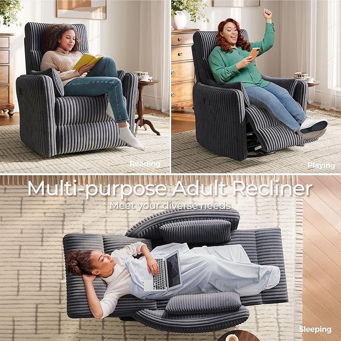 LINSY HOME 360 Swivel Nursery Rocking Chair with 2 Pillows, Corduroy High Back Adult Recliner for Small Spaces, Nursery Glider Rocker Chair, Bedroom Living Room Reclining Chairs (Grey)
