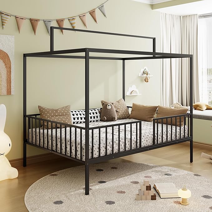 Merax Full Size Convertible Montessori Floor Bed, Metal House Bed Framefor Kids, Floor Beds with Fence for Kids,Black