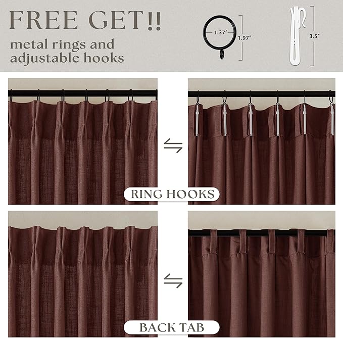 Reddish Brown Linen Pinch Pleated Curtains 96 Inches Long for Living Room Pleated Drapes Back Tab Thick Linen Textured Boho Farmhouse Country Maroon Rust Brown 96 Inch Curtain for Dining Bedroom