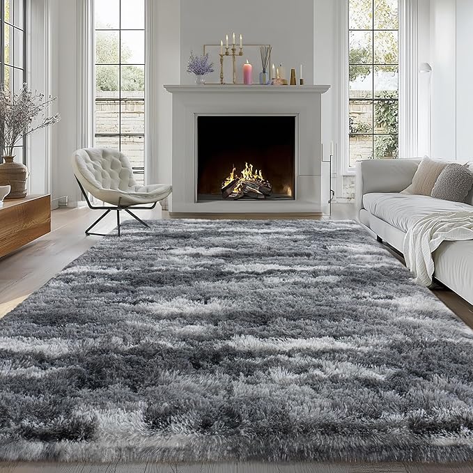 Fluffy Rugs for Bedroom Living Room, 4x6 Feet Abstract Grey Shag Area Rugs, Non-Slip Indoor Modern Fuzzy Plush Floor Carpet for Dorm Nursery Kids Room Decor, Soft Shaggy Throw Rug