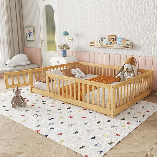 Bellemave Full Size Floor Bed with Slats and Safety Guardrail, Full Size Montessori Floor Bed with Fence and Door, Easy Assemble Montessori Beds for Kids, Girls, Boys, Natural