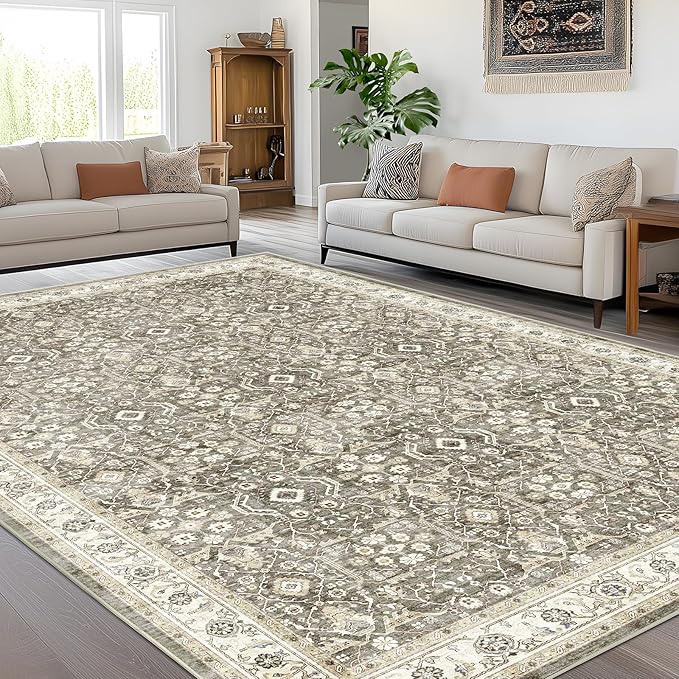 WITSHOCK Living Room Area Rugs 9x12: Washable Rug Boho Soft Non-Slip Low Pile Stain Resistant Foldable Carpet for Bedroom Playroom Dining Room Office Kitchen Farmhouse Home Decor Rug-Brown/Beige