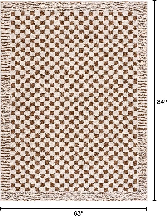 Hauteloom Leryn Living Room, Bedroom Area Rug - Checkered - High Pile - Bone - 5'3" x 7'