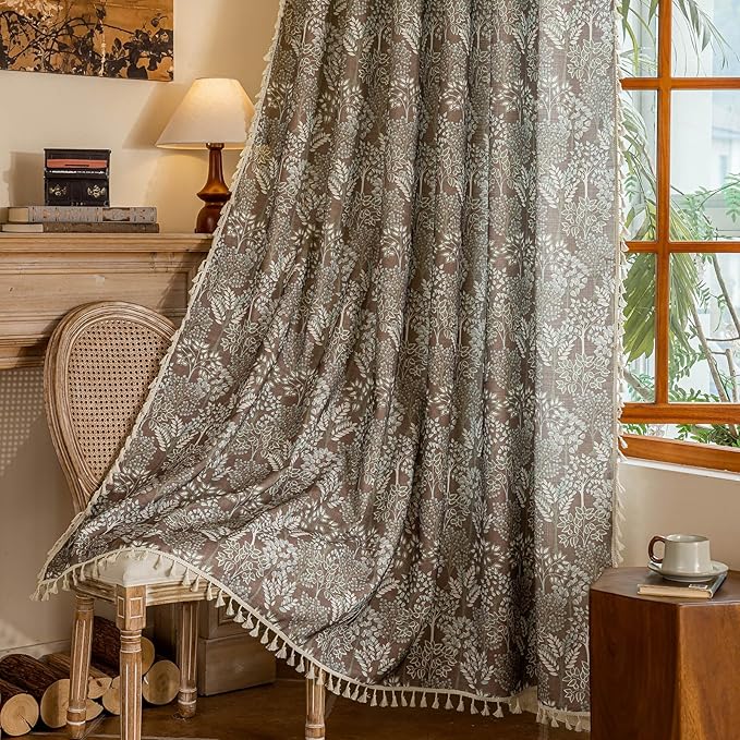OYX Floral Curtains 84 Inch Length 2Panels for Living Room, Bedroom Light Filtering Drapes, Farmhouse Vintage Country French Tassels for Boho Pattern Rod Pocket Aesthetic Home Decor Window Treatments