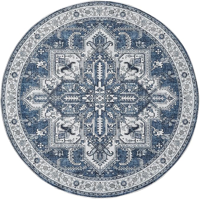 WITSHOCK Area Rug Round Rugs, 4Ft Oriental Circle Area Rugs for Living Room Machine Washable Non Slip Stain Backing Rug Soft Foldable, Vintage Rugs Home Office Kitchen Hallway Bedroom, Blue