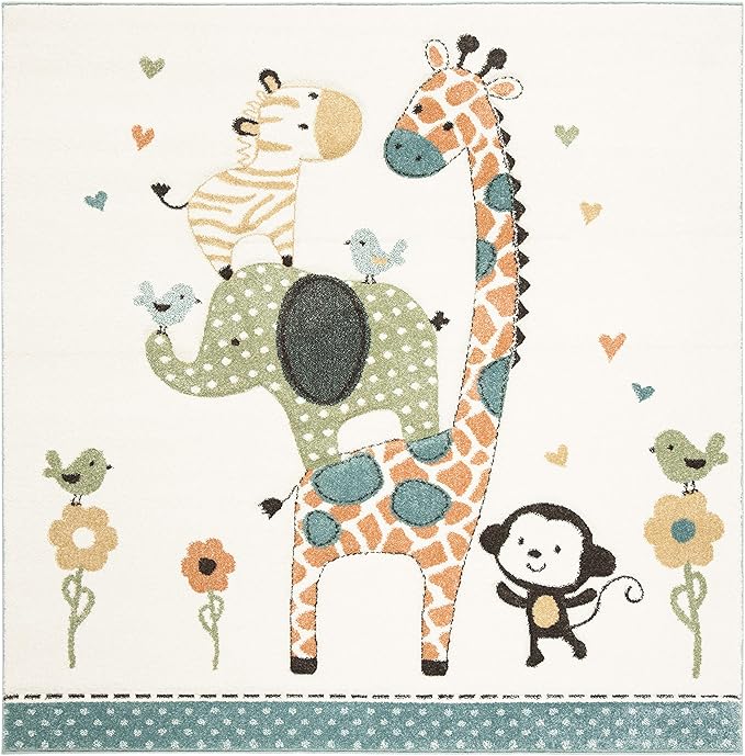 SAFAVIEH Carousel Kids Collection Area Rug - 8' Square, Ivory, Animal Design, Non-Shedding & Easy Care, Ideal for High Traffic Areas for Boys & Girls in Playroom, Nursery, Bedroom (CRK120A)