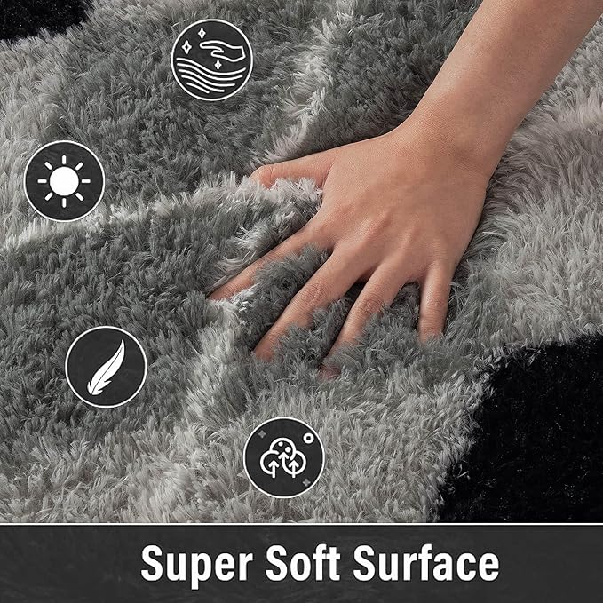 Meralax Black and Grey Checkered Area Rug, Geometric 5x8 Soft Fluffy Rugs for Living Room Bedroom, Machine Washable Shaggy Rugs Indoor Floor Carpet for Kids, Girls, Dorms, Home Decor Aesthetic