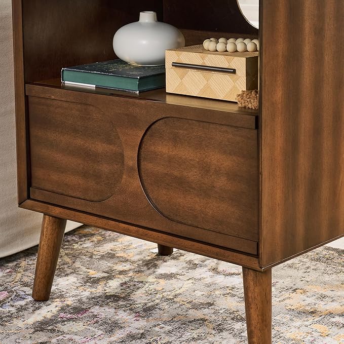 Mid Century Modern Fluted Nightstand, Night Stand with Charging Station USB Ports & Outlet Hole & 4 Solid Wood Legs, Farmhouse End Table with Open Space and Drawer Dresse (Walnut)