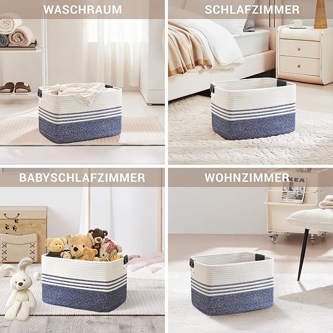 45L Small Laundry Basket with Leather Handles for Living Room Storage, Woven Rope Baskets Bin for Blanket, Kids Toy, Gifts, Wicker Hamper for Bedroom Dirty Clothes, 18"x14"x11" Denim Blue
