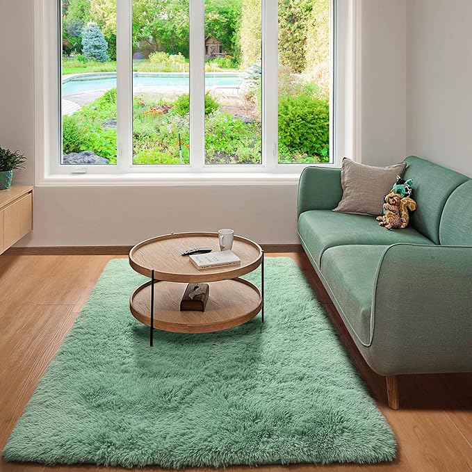 ONASAR Sage Green 3x5 Rugs for Bedroom, Fluffy Bedside Area Rug, Washable Soft Plush Shaggy Small Floor Throw Carpets for Living Room Preppy Dorm Teen Kids Girls Boy Baby Nursery Home Decor Aesthetic