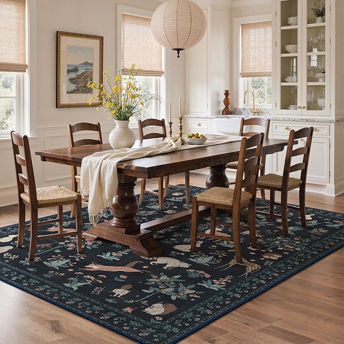 Washable Rugs 8x10 Rug for Living Room,Floral Animal Print Area Rug, Non Slip Low Pile Carpet for Bedroom, Dining Room, Nursery,Playroom, Black