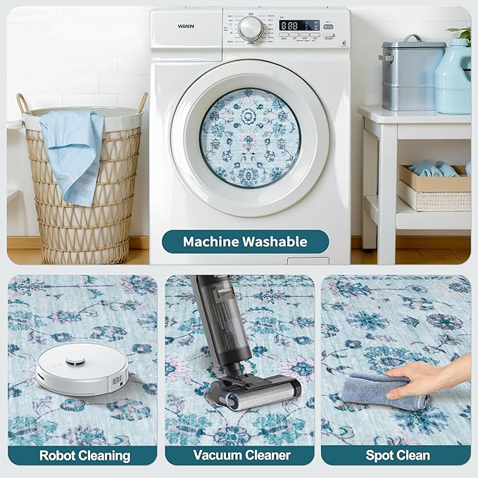 Tangsoo Floral Small Rug 2x3 Washable Rug for Entryways Vintage Non-Slip Area Rugs Light Blue Entry Rugs Distressed Floor Carpet Soft Low Pile Door Mat for Entrance Bedroom Kitchen Foyer Decor