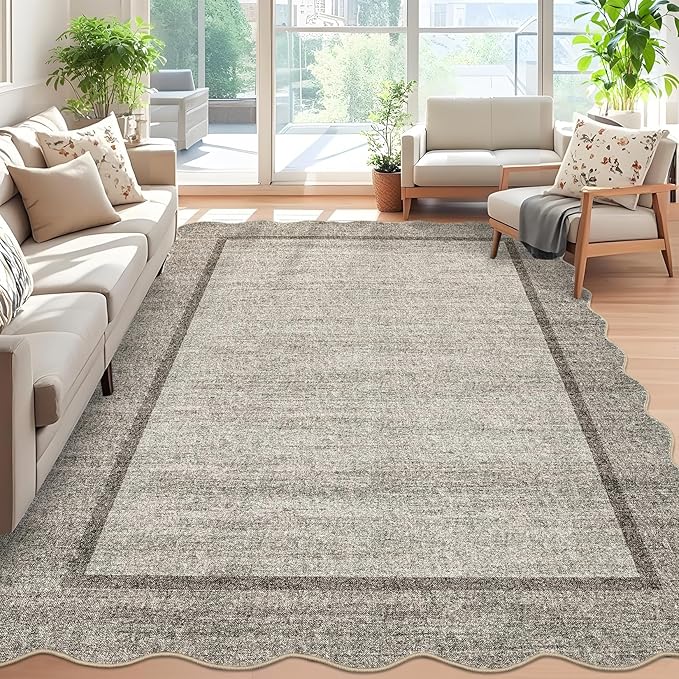 GarveeHome Scalloped Living Room Rug 5x7 Area Rug Washable Area Rug for Bedroom Modern Traditional Kids Rug Non Slip Throw Rugs Soft Low Pile Stain Resistant Carpet for Dining Room 5 ft x7 ft Brown