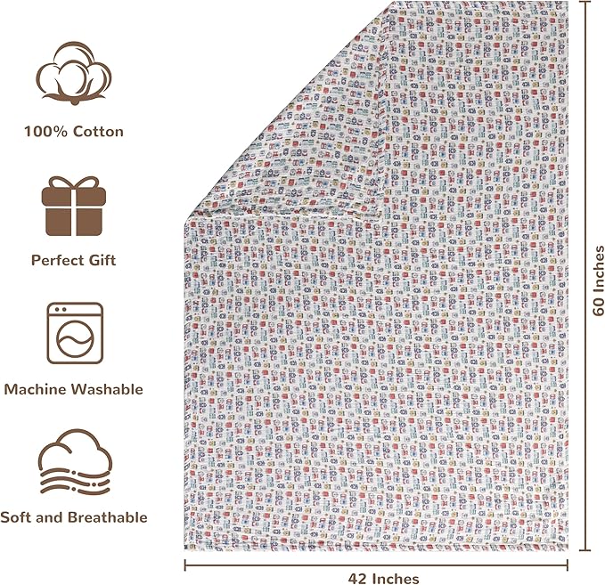 NTBAY 2 Layer Muslin Cotton Baby Swaddle Blanket, 42x60 Soft and Breathable Receiving for Newborns and Infants, Perfect for Crib, Stroller, Travel, Lightweight Nursery Blanket, Cartoon Train