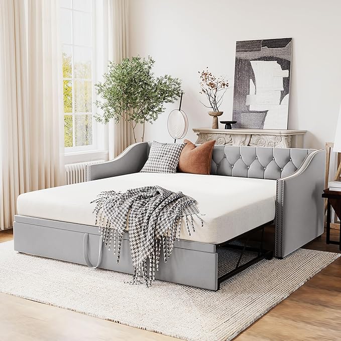 Merax Twin Size Upholstered Velvet Daybed with Pop Up Trundle, Multi-Functional Sofa Bed with Backrest and Two Armrest for Kids Room, Guest Room, Living Room,Gray