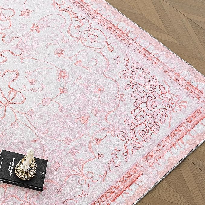 Pink Rug for Bedroom Girl Nursery - Bow Kids Rugs, Cute Coquette Teen Girls Room Decor Aesthetic, Pastel Christmas Rug 5x7, Washable Vintage Cottage Core Area Rugs for Playroom Toddler Baby Dorm