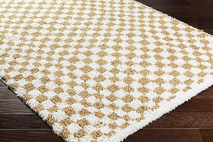 Hauteloom Kieu Contemporary Checkered Fluffy Shag Runner Rug - Modern Geometric Soft Carpet Tiles for Hallway, Kids Room, Nursery - White, Yellow - 2'7" x 7'3"