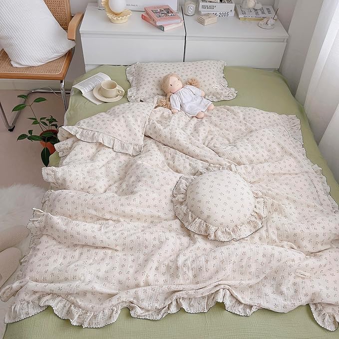 AOJIM Baby Muslin Duvet Cover with Floral Patterns, 1pc Pure Cotton Kids Bedding Comforter Cover 2-Layer Gauze 47X59'', Ruffled Design Baby Duvet Protector for Girls Boys, No Quilt or Pillowcases