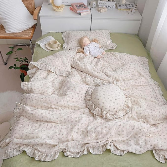 AOJIM Baby Muslin Duvet Cover with Floral Patterns, 1pc Pure Cotton Kids Bedding Comforter Cover 2-Layer Gauze 47X59'', Ruffled Design Baby Duvet Protector for Girls Boys, No Quilt or Pillowcases