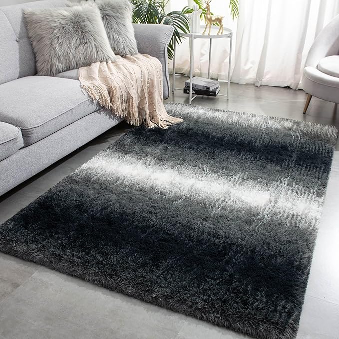 Meralax Area Rugs for Living Room Bedroom, Gradient Black 5x8 Feet Soft Fluffy Shaggy Bedside Rug, Machine Washable Indoor Floor Carpet for Kids Boys, Dorms, Nursery Rooms, Home Decor Aesthetic
