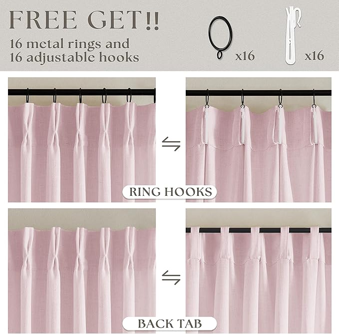 Dusty Pink Linen Pinch Pleated Curtains 90 Inch Length 2 Panels for Girls Bedroom Nursery Kids Soft Thick Linen Window Curtains 90 Inches Long Semi Sheer Light Filtering for Living Room Blush Pink
