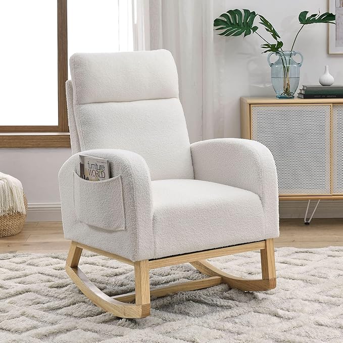 Nursery Rocking Chair with Solid Wood Legs, Glider Chair for Nursery with Two Side Pockets, Rocker Armchair for Living Room Bedroom (Ivory White, Teddy Fabric)