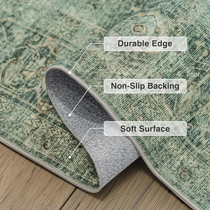 Fmfunctex 8x10 Washable Area Rug Green Vintage Neutral Distressed Oriental Large Non Slip Retro Carpet for Living Room Bedroom Soft Low Pile Indoor Mat Throw Rug for Dining Room Kitchen Office Nursery