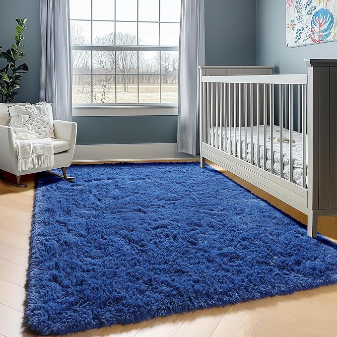 ONASAR Navy Area Rugs for Bedroom Living Room, Washable 4x6 Blue Fluffy Indoor Bedside Floor Rug, Ultra Soft Plush Furry Fuzzy Shaggy Carpet for Nursery Kids Boys Teen Dorm Home Decor Aesthetic
