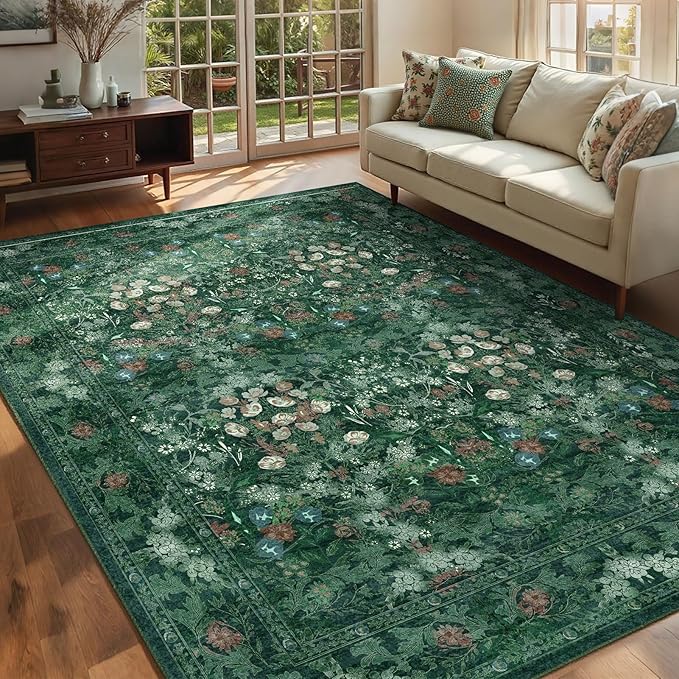 Green Boho Living Room 5x7 Area Rug, Floral Washable Vintage Distressed Rug for Dining Room Under Table, Bedroom, Nursery, Home Office - Low Pile Non Slip Art Deco Carpet, Farmhouse Accent Mat