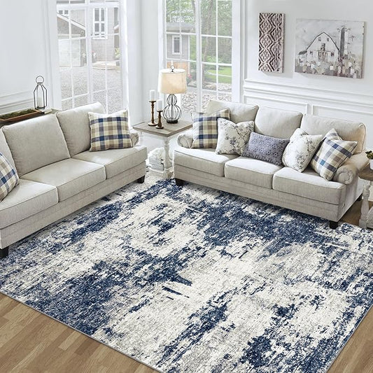 10x14 Area Rugs Living Room Rugs: Large Washable Rug with Anti-Slip Backing Non-Shedding Stain-Resistant Soft Abstract Carpet for Bedroom Dining Room Nursery Home Office-Blue/Gray