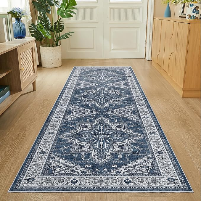 WITSHOCK Living Room Area Rugs 3X10: Washable Rug Boho Soft Non-Slip Low Pile Stain Resistant Foldable Carpet for Bedroom Playroom Dining Room Office Kitchen Farmhouse Home Decor Rug-Blue