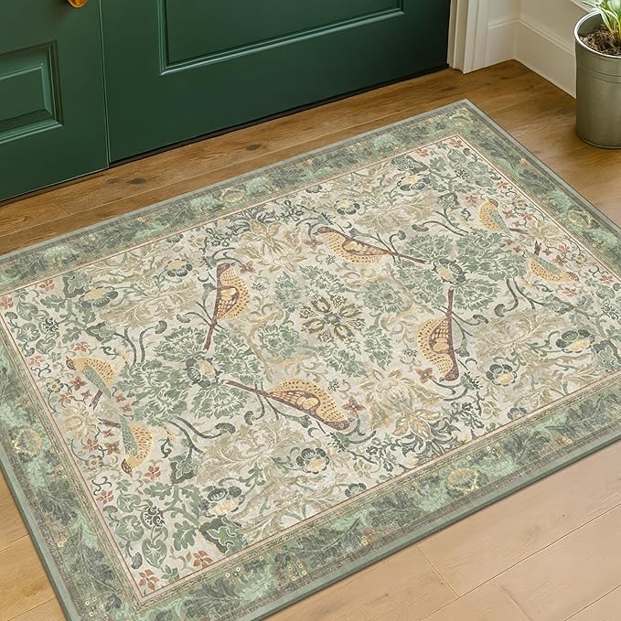 Sage Green Boho Bathroom Rugs - 2x3 Washable Non-Slip Soft Low Pile Area Rug for Entryway, Kitchen, and Decorative Door Mats - Vintage Farmhouse Design with Bird & Botanical Pattern Boho Décor