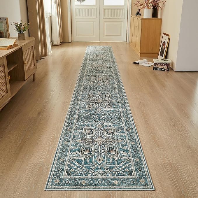 WITSHOCK Extra Long Runner Rug for Hallway 2x15: Washable Vintage Boho Low Pile Stain Resistant Foldable Carpet for Bedroom Entryway Indoor Entrance, Neutral Distressed Farmhouse Home Decor, Teal