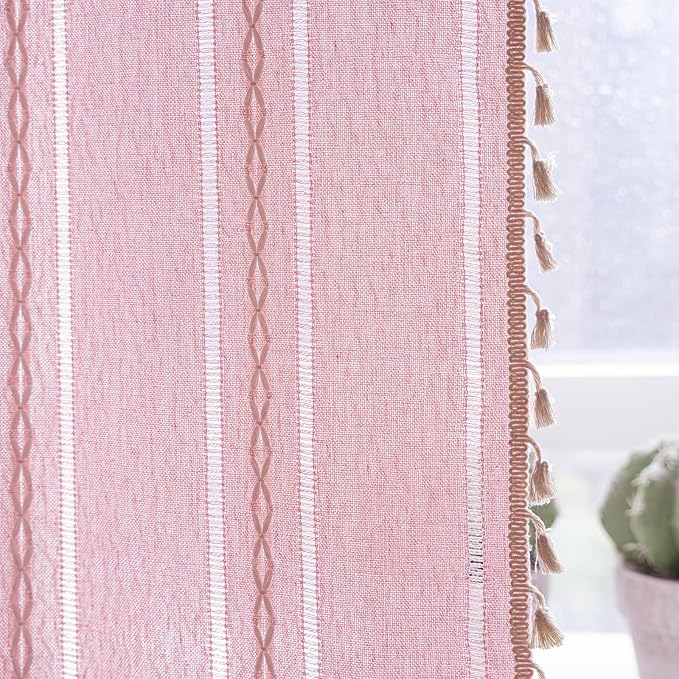 Deeprove Pink Boho Curtains 84 Inches Long for Bedroom Nursery, Privacy Bohemian Chic Textured Embroidery, Vintage Handmade Tassels Country Decor Drapery, Rod Pocket, 1 Panel W52 x L84, Blush