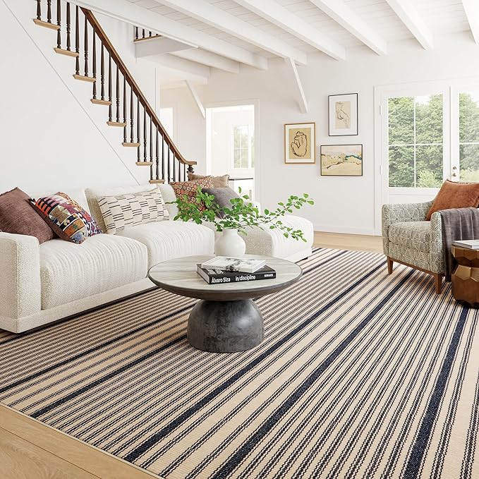 Dash & Albert Axiom Navy Machine Washable Rug, 3 X 5 Feet, Blue/Ivory Stripe Pattern