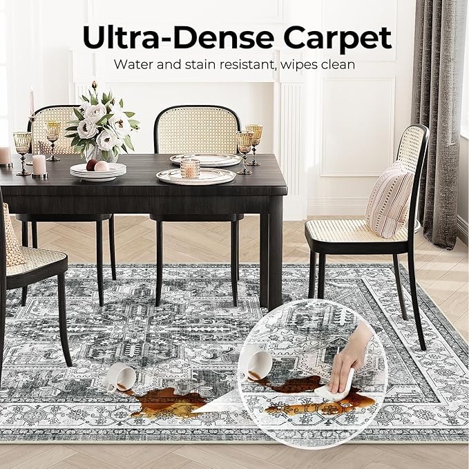WITSHOCK Living Room Area Rugs 6x9: Washable Rug Boho Soft Non-Slip Low Pile Stain Resistant Foldable Carpet for Bedroom Playroom Dining Room Office Kitchen Farmhouse Home Decor Rug-Gray