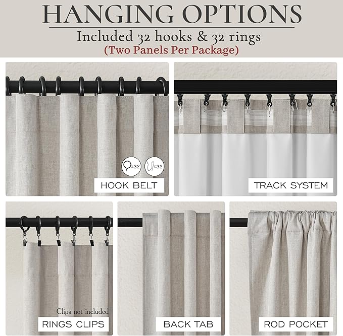 Blackout Extra Long Curtains & Drapes 108 Inches Long 2 Panels Set, Lush Pinch Pleated Natural Melange Flax Linen Textured 106 inch Large Windows Drapes Decor with Pin Hooks&Back Tab Large Curtain
