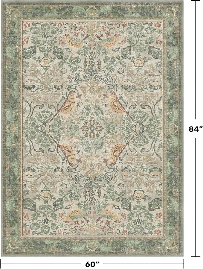 Washable Sage Green Area Rugs 5x7 for Living Room, Bedroom Bedside, Dinning Room, Office with Elegant Botanical Bird Pattern, Muted Green Non Slip Stain Resistant Low Pile French Country Decor