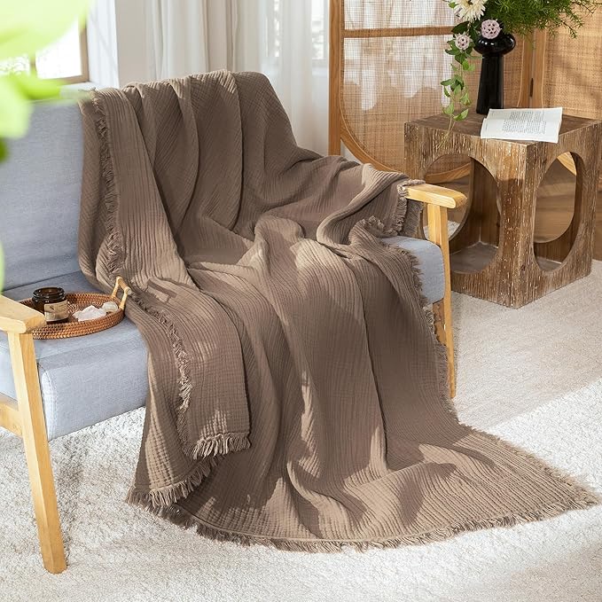 MooMee Muslin Blanket - 100% Cotton 4-Layer Gauze Throw Blanket with All-Around Fringe Ultra-Soft Breathable Lightweight Cooling for Bed Couch (Brown,Throw XL 50" x 70")