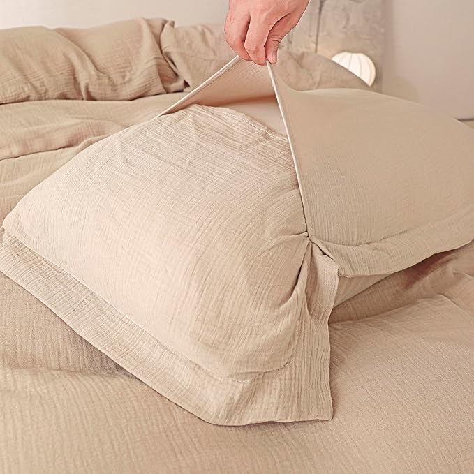 MorroMorn Muslin Duvet Cover Queen Size, 100% Breathable Cotton Comforter Cover Sets, Ultra Soft 2-Layer Gauze Duvet Cover Set 3 PCS with 2 Pillowcases, Lightweight Linen Like, 90"x90", Linen Beige