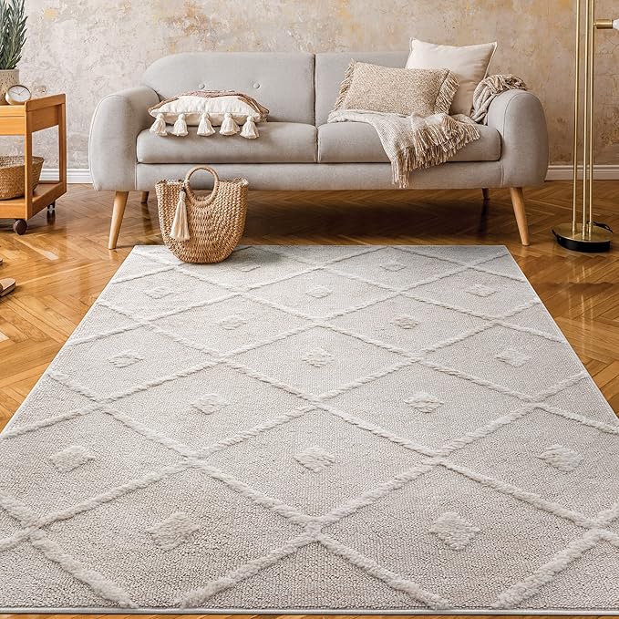 Antep Rugs Palafito 8x10 Geometric Shag Diamond High-Low Pile Textured Indoor Area Rug (Beige, 7'10" x 10')
