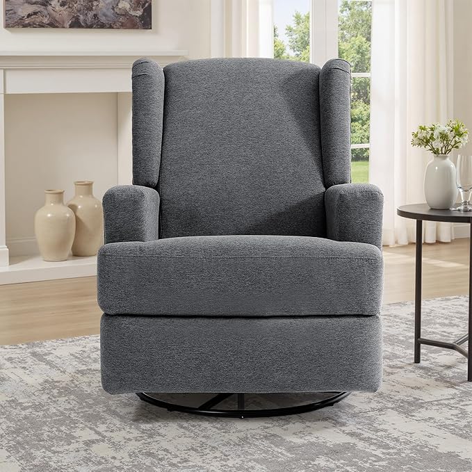 UIXE Swivel Glider Recliner Chair for Adults, Fabric High Back Accent Chair Nursery Rocker for Living Room, Upholstered Manual Reclining Sofa Seating with Deep Seat - Charcoal Gray