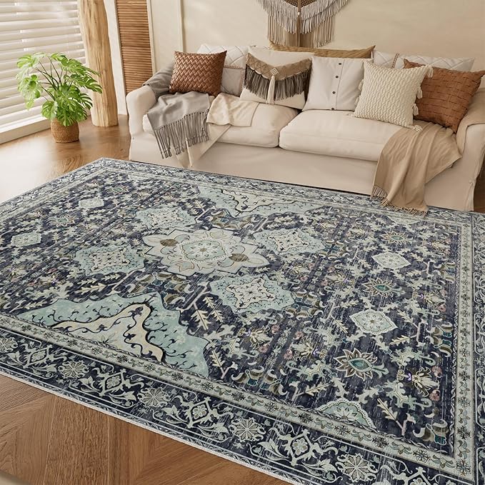 AMTOVO 6x9 Washable Area Rugs for Living Room, Non-Slip Boho Vintage Accent Medallion Print Pattern Carpet for Bedroom Dining Room Home Office Nursery Dorm Farmhouse, Grayish Blue